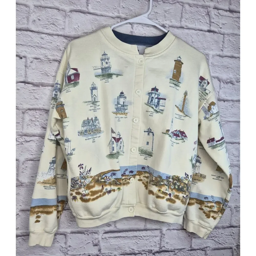 Vintage Lighthouse Point Sweatshirt Cardigan M Coastal Grandma Cream Nautical 90